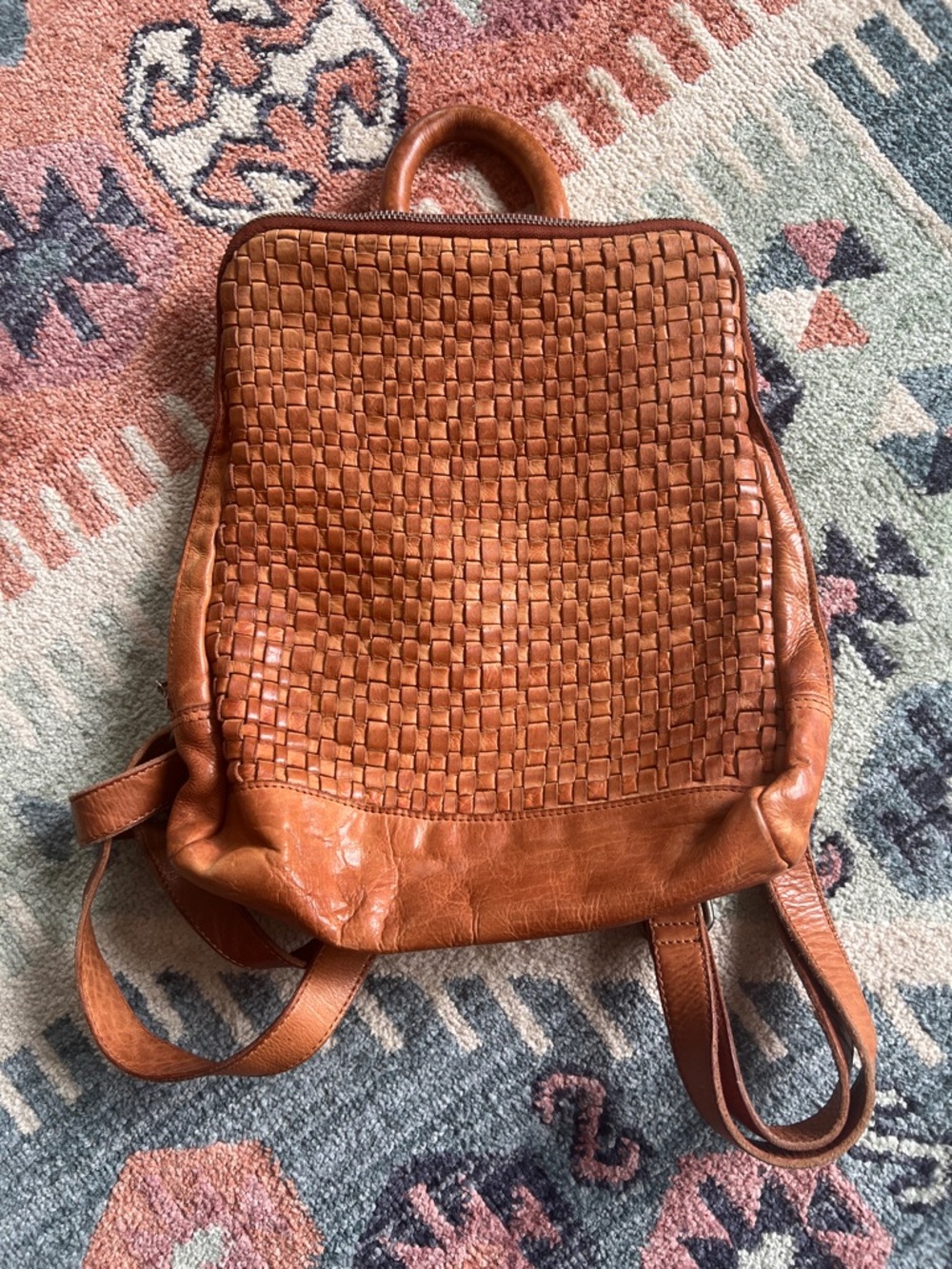 Vilenca Holland Brown Leather Woven Backpack with Zipper Closure